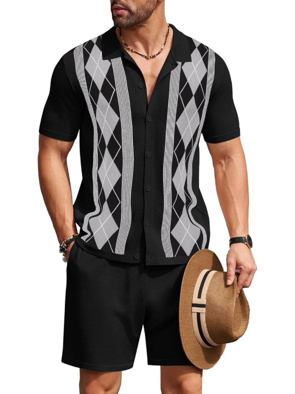 Coofandy Men's Argyle-black Vintage Short Sleeve Button Down Knit Polo Shirts